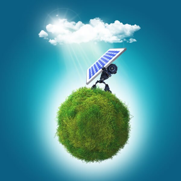 3D render of a robot holding a solar panel on a grassy glboe